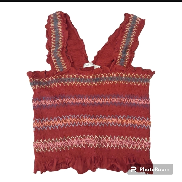Heart Hips Red Smocked Crop Tank Top with multi color stitching - Picture 3 of 7
